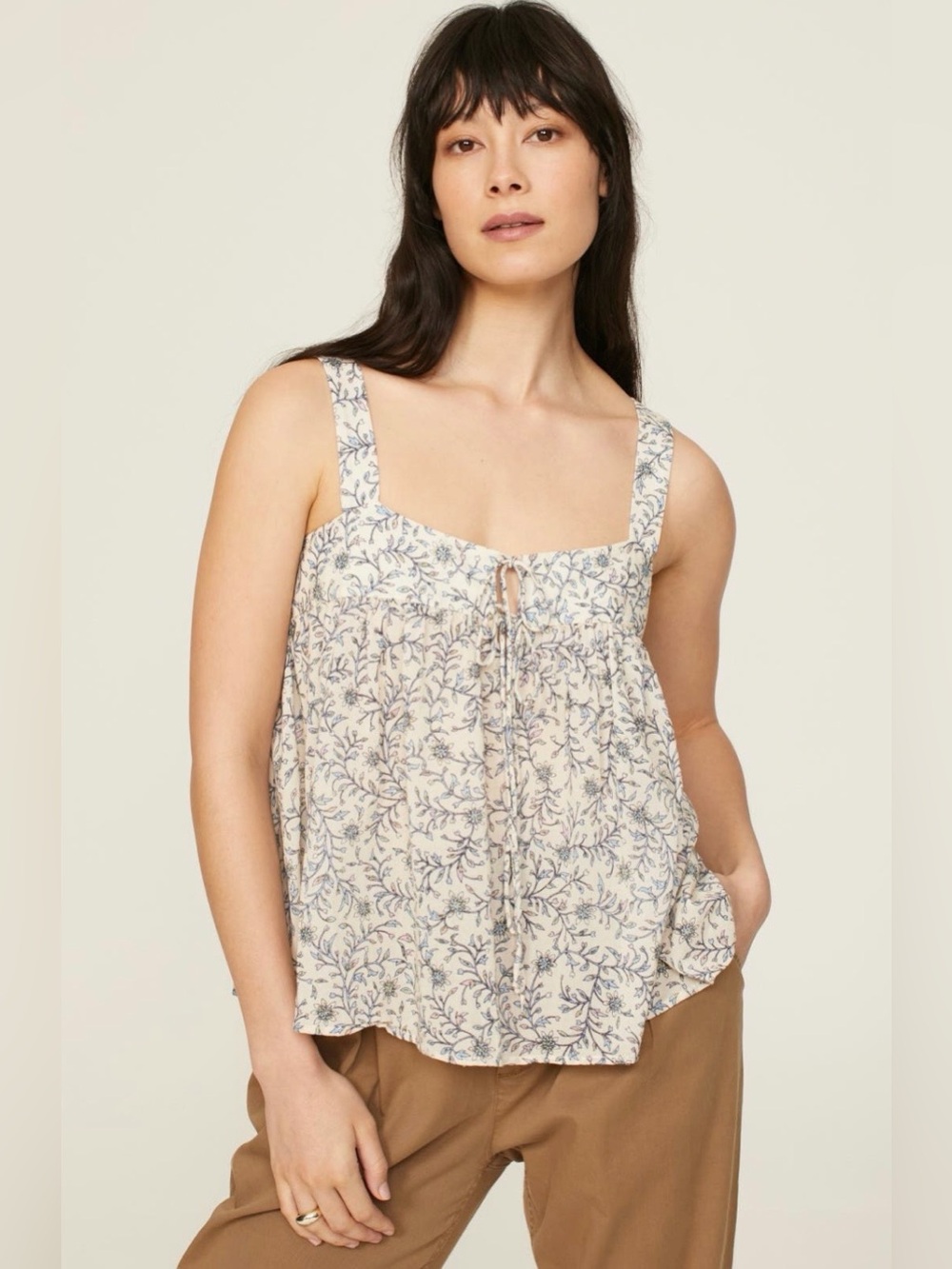 XiRENA~Cream Floral Square-Neck Kyra Top with Blue Floral Print~Size Small~$184~
